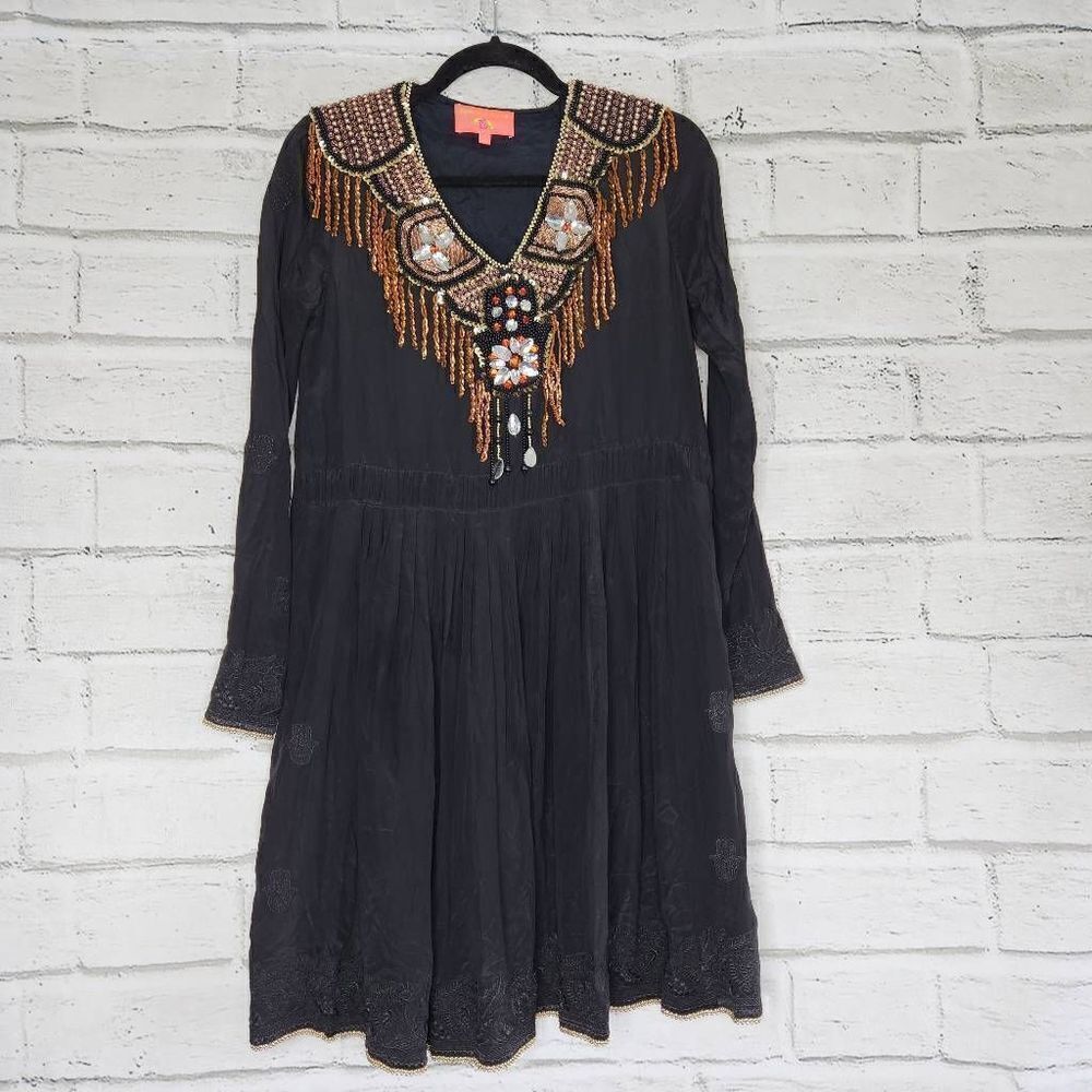 Manoush Women's Black Beaded Fringe Embellished 100% Silk Shift Dress US6 FR38